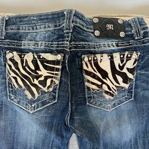 Miss Me Blue Jeans with Zebra Print Pockets, 30” inseam